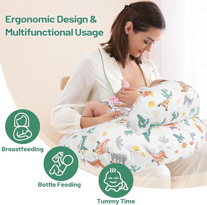 Nursing Pillow, More Support for Mom and Baby, Removable Cotton Cover and Colorful Animal Patterns