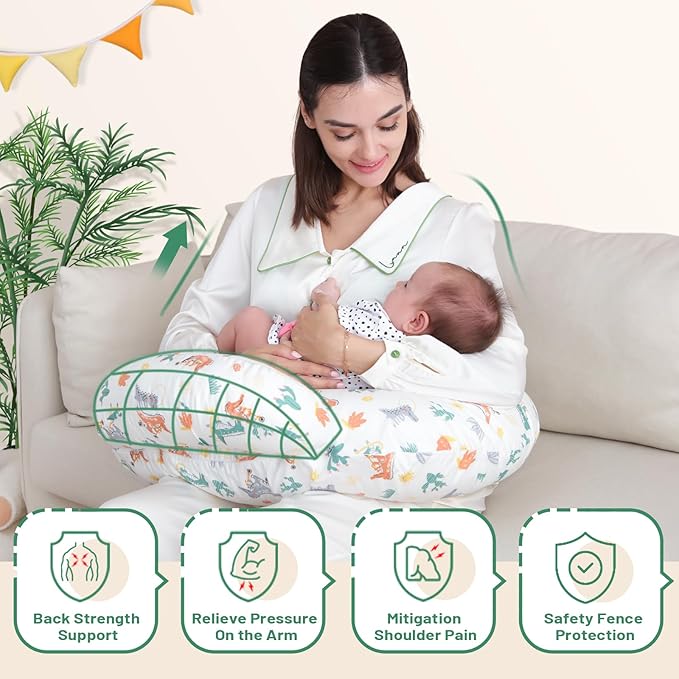 Nursing Pillow, More Support for Mom and Baby, Removable Cotton Cover and Colorful Animal Patterns